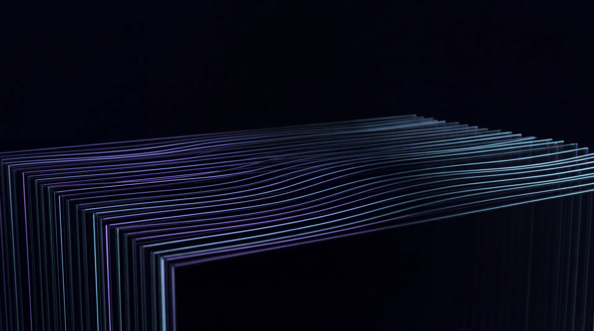 Abstract artwork: stacked sheets of smoked glass, each edge catching a thin line of violet and cyan light.