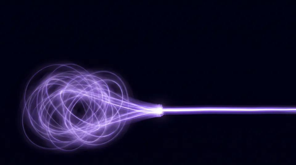A loose tangle of violet light on the left resolving into one straight bright line, with a single white point where they meet.